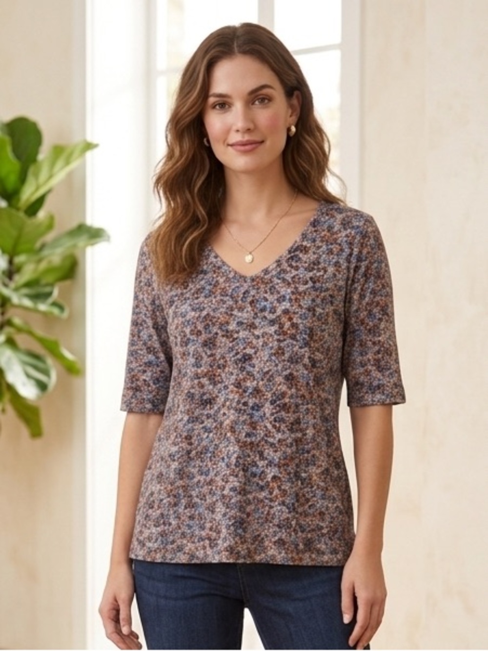 V-Neck Floral Elbow-Sleeve Blouse in Blue and Brown
